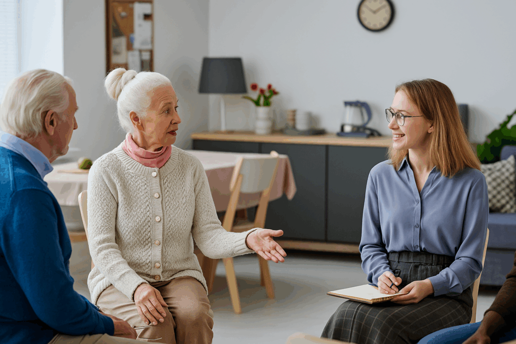 Daughter speaks to elder parents about home care support.