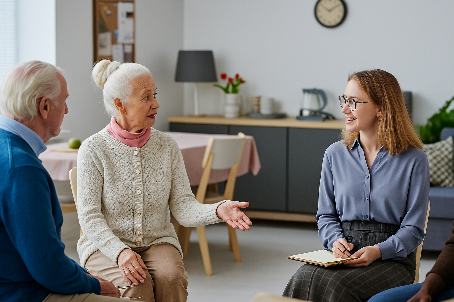Daughter speaks to elder parents about home care support.