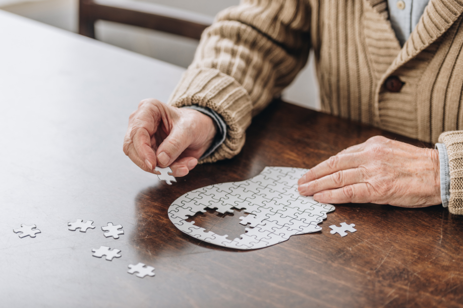 Elderly senior at home putting together a memory themed puzzle.
